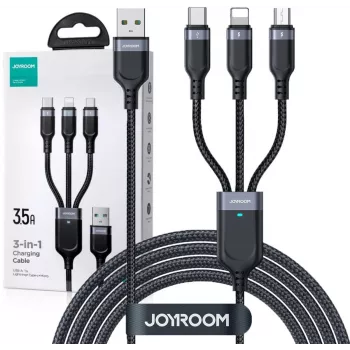 JOYROOM S-1T3018A18 3-in-1 daudzfunkciju uzlādes kabelis USB-A uz USB-C/Micro-USB/Lightning, 30cm pīts neilons, 3,5A, melns