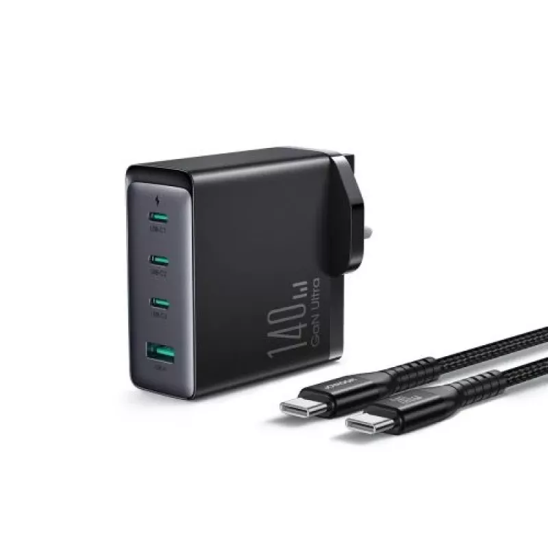 Joyroom Travel Charger GaN Fast Charger (UK) C+C+C+U, 140W, ar Type-C uz Type-C, PD 240W kabeli (1,2m) Melns