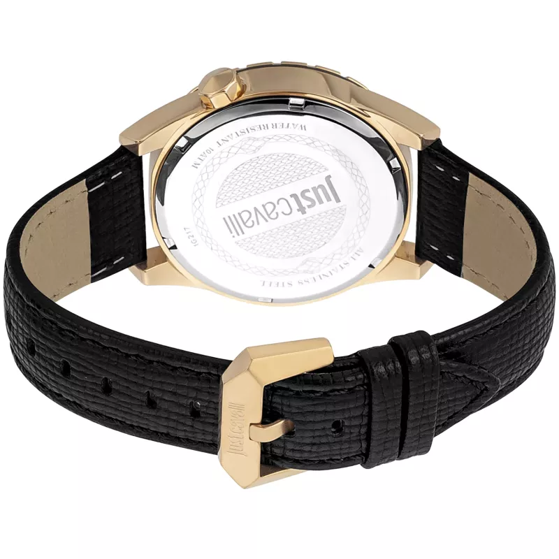 JUST CAVALLI MAN JC1G217L0035 Quartz Analog Watch 42mm Black Dial Stainless Steel Case Black Leather Strap