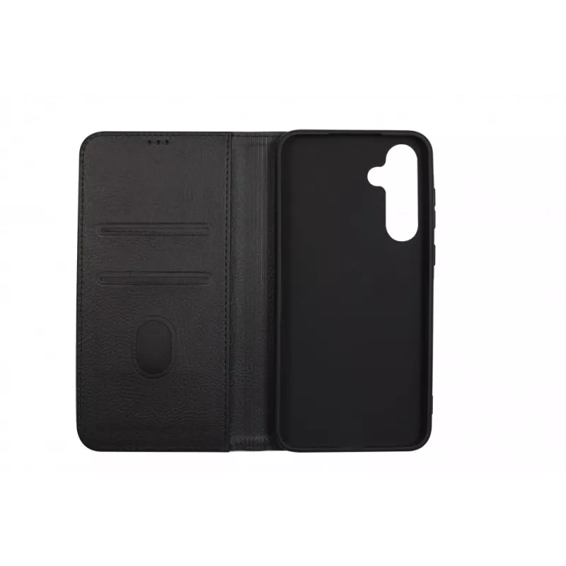 JUST MUST JM Stand Flip Case Samsung Galaxy A35 5G, melns – PU ādas maciņš ar karšu kabatām un statīvu