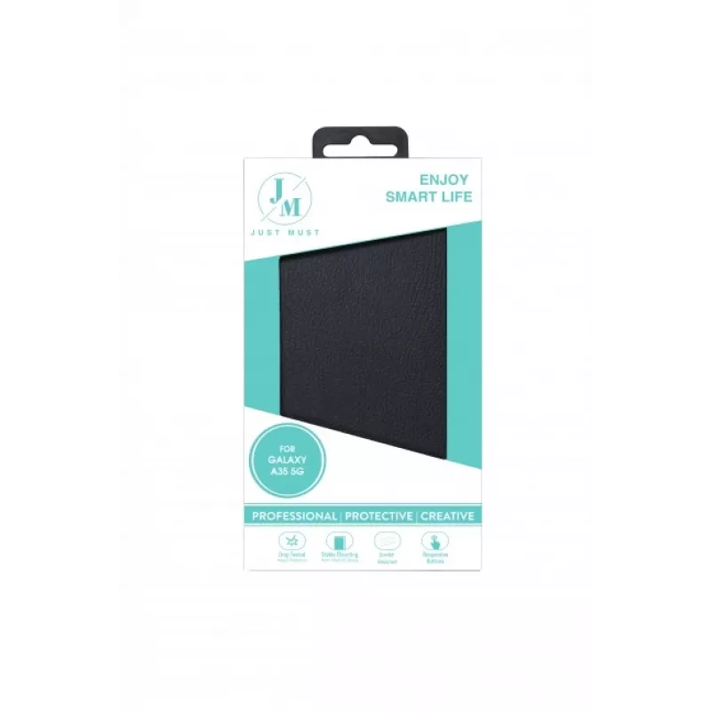 JUST MUST JM Stand Flip Case Samsung Galaxy A35 5G, melns – PU ādas maciņš ar karšu kabatām un statīvu