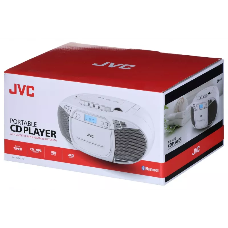JVC RC-E451W pārnēsājams CD atskaņotājs ar FM/AM radio, AUX ieeju, bass boost, balts
