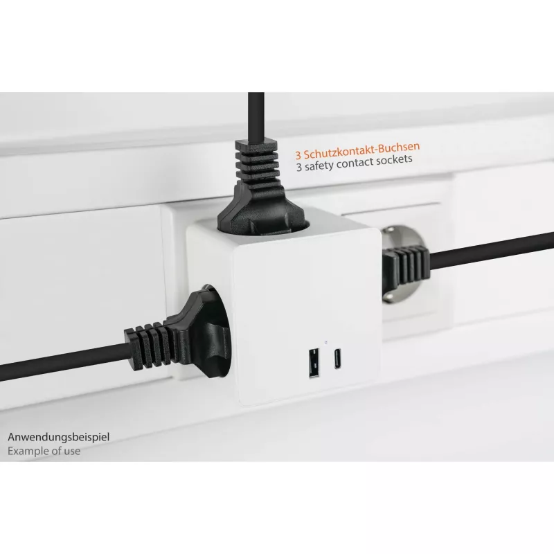 KABELMEISTER Power Strip Cube ar 3x Schutzkontakt kontaktligzdām, USB-C 20W PD 3.0 un USB-A 18W, 1.5m, balts