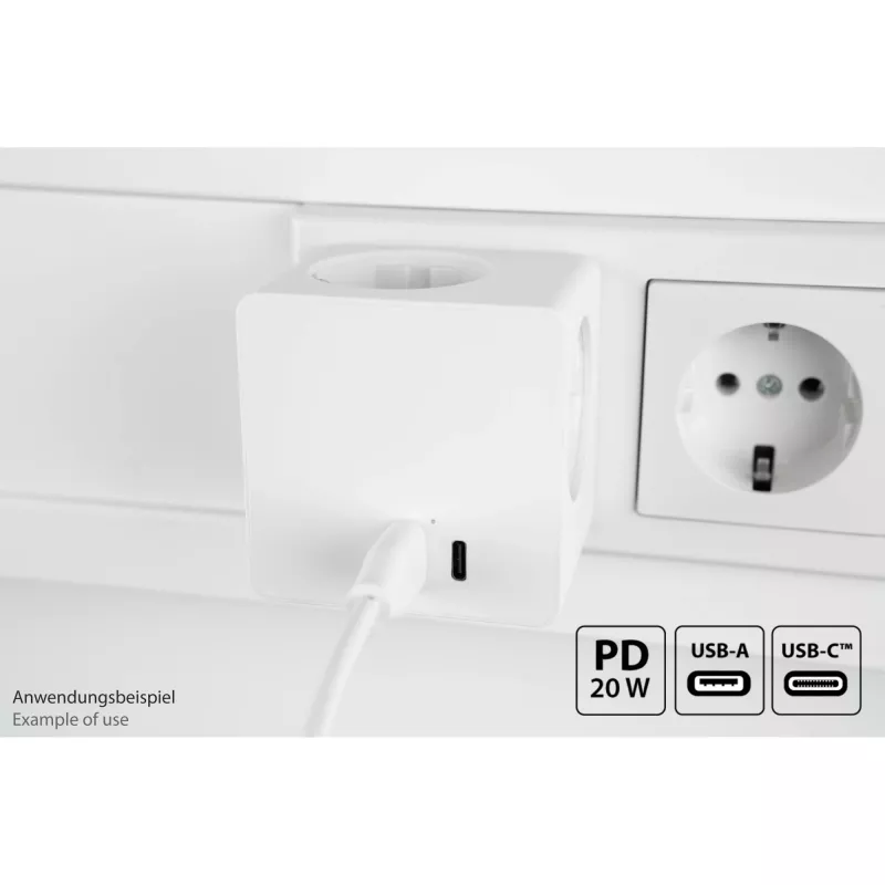 KABELMEISTER Power Strip Cube ar 3x Schutzkontakt kontaktligzdām, USB-C 20W PD 3.0 un USB-A 18W, 1.5m, balts