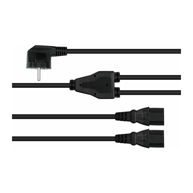 Kabelmeister Schuko spraudnis (90° leņķa) uz 2x IEC C13 Y-veida sadalītāja kabelis, 2m, melns