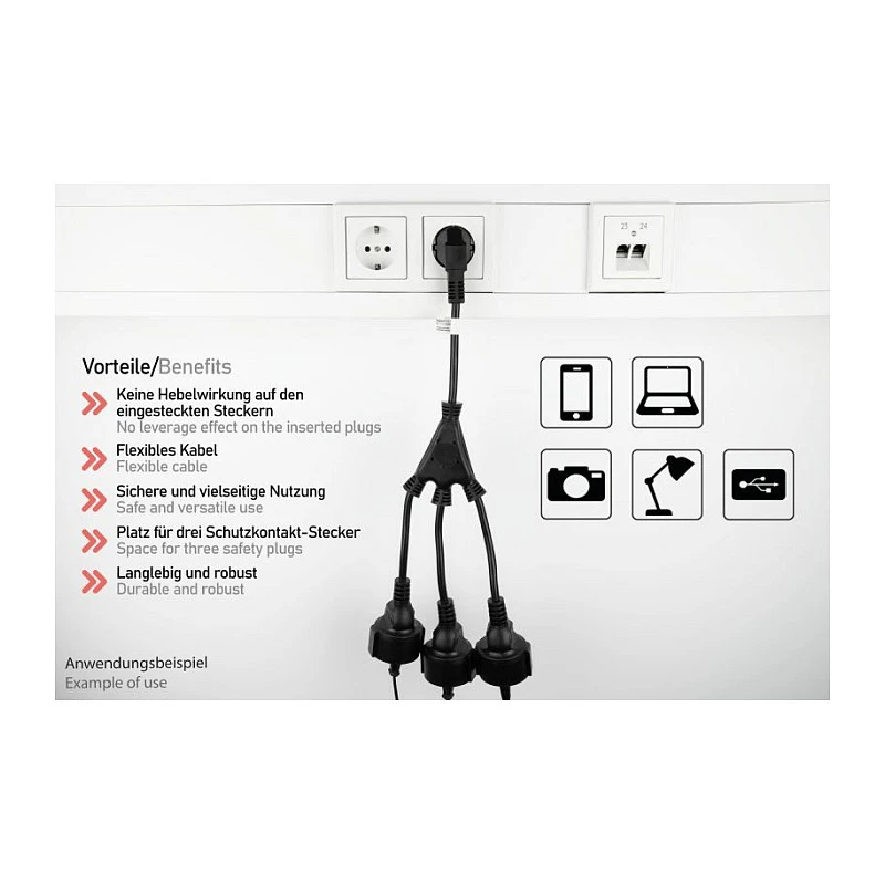 Kabelmeister SK0103-S002 3-virzienu Schuko strāvas sadalītājs, 90° leņķa spraudnis, 0.2m kabelis, melns