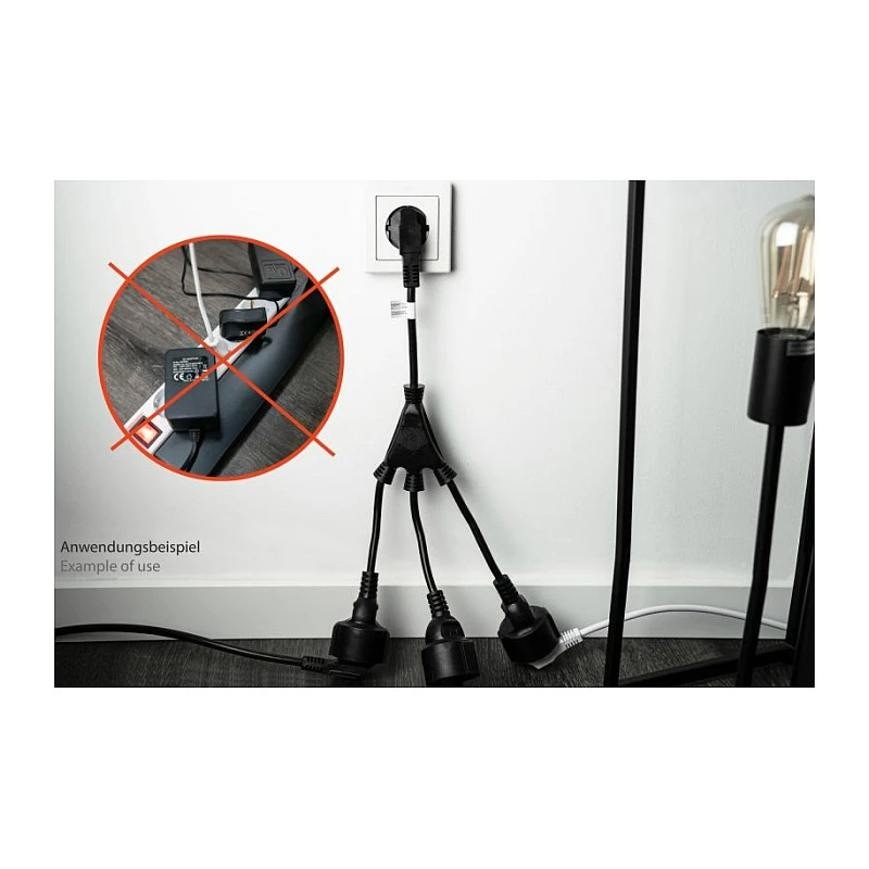 Kabelmeister SK0103-S002 3-virzienu Schuko strāvas sadalītājs, 90° leņķa spraudnis, 0.2m kabelis, melns