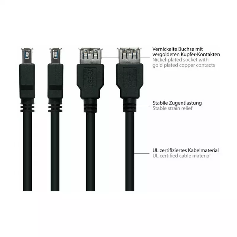 Kabelmeister USB 3.0 pagarinājuma kabelis - 3m, melns, Type-A vīrietis uz sievieti, UL sertificēts