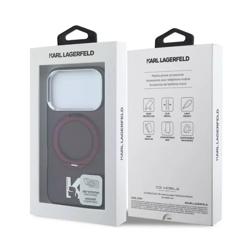 Karl Lagerfeld IML Ring Stand 360 Kameo Metal MagSafe vāciņš iPhone 18 Pro / 17 Pro - bordo