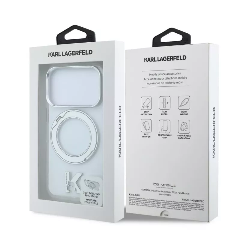 Karl Lagerfeld IML Ring Stand 360 Kameo Metal Macīgais vāciņš iPhone 18 Pro / 17 Pro - Caurspīdīgs