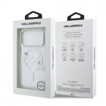 Karl Lagerfeld iPhone 15 Pro MagSafe cietais vāciņš, caurspīdīgs ar Karl Script logotipu