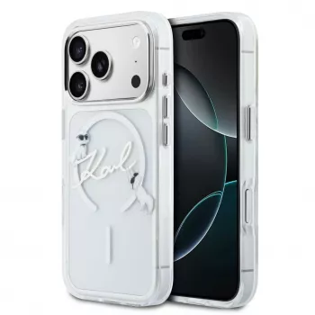 Karl Lagerfeld iPhone 15 Pro MagSafe cietais vāciņš, caurspīdīgs ar Karl Script logotipu