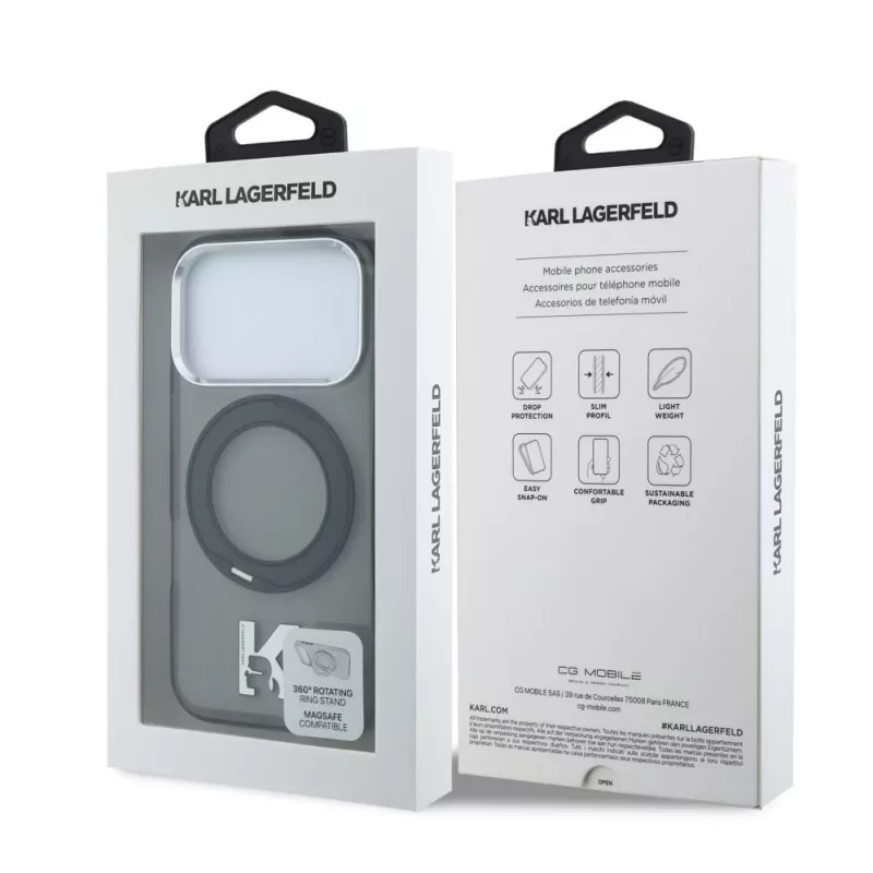 Karl Lagerfeld iPhone 18 Pro / 17 Pro MagSafe IML Ring Stand 360 Kameo Metal Maciņš - Melns