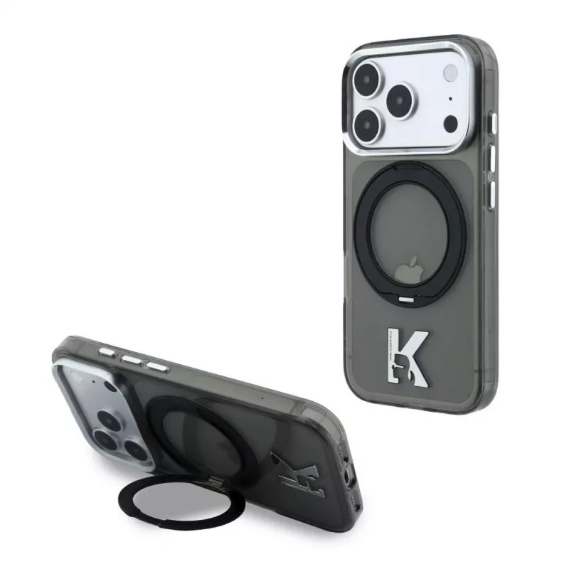 Karl Lagerfeld iPhone 18 Pro / 17 Pro MagSafe IML Ring Stand 360 Kameo Metal Maciņš - Melns