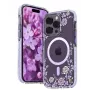 Kingxbar Apple iPhone 14 Pro MagSafe maciņš ar peoniju ziedu apdruku Flora sērija violeta