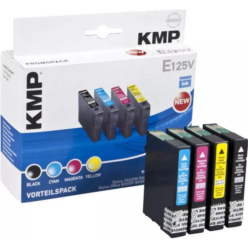 KMP E125V saderīgu tintes kasetņu 3 komplekts – ciāna, fuksīna, dzeltena Epson Stylus SX230, SX235, SX430, SX438, WorkForce WF-3520, WF-3530, WF-3540, WF-7015, WF-7515, WF-7525 1617,4050