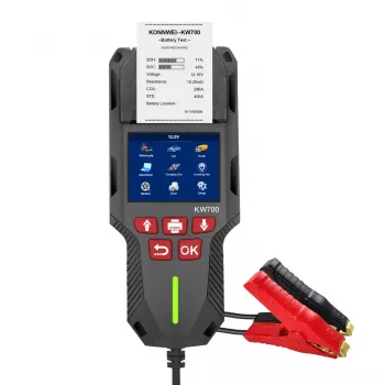 KONNWEI KW700 6V 12V automašīnas akumulatora testeris ar iedarbināšanas un uzlādes sistēmas testu, CCA 100-2000, daudzstandartu, ar fona apgaismojumu LCD