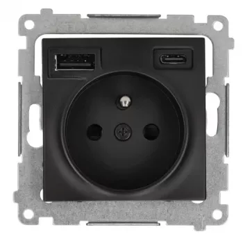 KONTAK-SIMON SIMON 54 modulis, matēti melns – 1x Schuko kontaktligzda 16A 250V + 2x USB (Type A & C) 2.1A, skrūvju spailes
