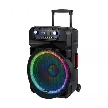 KRUGER & MATZ KM1718 60W pārnēsājama aktīvā PA skaņas sistēma ar diviem UHF bezvadu mikrofoniem, Bluetooth, USB, SD, FM, LED efektiem