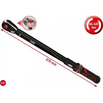 KS TOOLS 1/2 inch ERGOTORQUEprecision sprūdrata momentatslēga, 80-420 Nm, divas skalas, DIN EN ISO 6789-1:2017, ar plastmasas kārbu (516.1582)