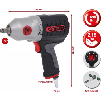 KS TOOLS 1/2 inch MONSTER augstas veiktspējas pneimatiskais triecienuzgriežņu atslēga, 1690 Nm (515.1210)