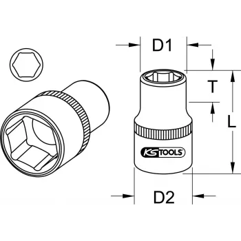 KS TOOLS 1 collas piedziņas 38mm īsā sešstūra uzmava, 6-punktu, hroma vanādija, DIN 3124 911.1038