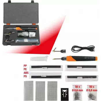 KS TOOLS 150.1010 Bezvadu plastmasas remonta komplekts, 134 daļas, 3,7V Li-Ion karstā skavotājs ar 200 nerūsējošā tērauda skavām, 450°C, uzglabāšanas kaste
