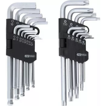 KS TOOLS 22 daļu sešstūra un TORX L-veida atslēgu komplekts ar lodveida galu un turētāju