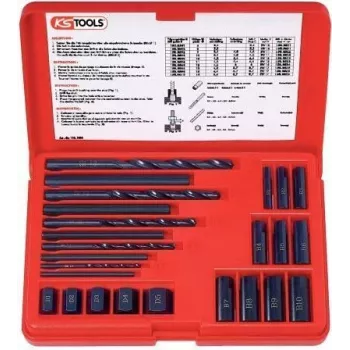 KS TOOLS 25 daļu skrūvju izvilkšanas komplekts, kreisās puses HSS, M3-M18, ar urbjiem un vadotnēm (150.1305)