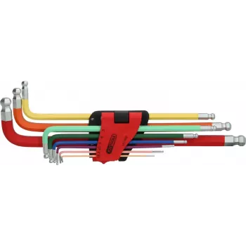 KS TOOLS 9 gabalu īpaši gara sešstūra uzgriežņu atslēgu komplekts ar lodveida galu, 1,5-10 mm, hroma vanādija tērauds, matēts hromēts, DIN ISO 2936, ERGOTORQUEplus 151.3222