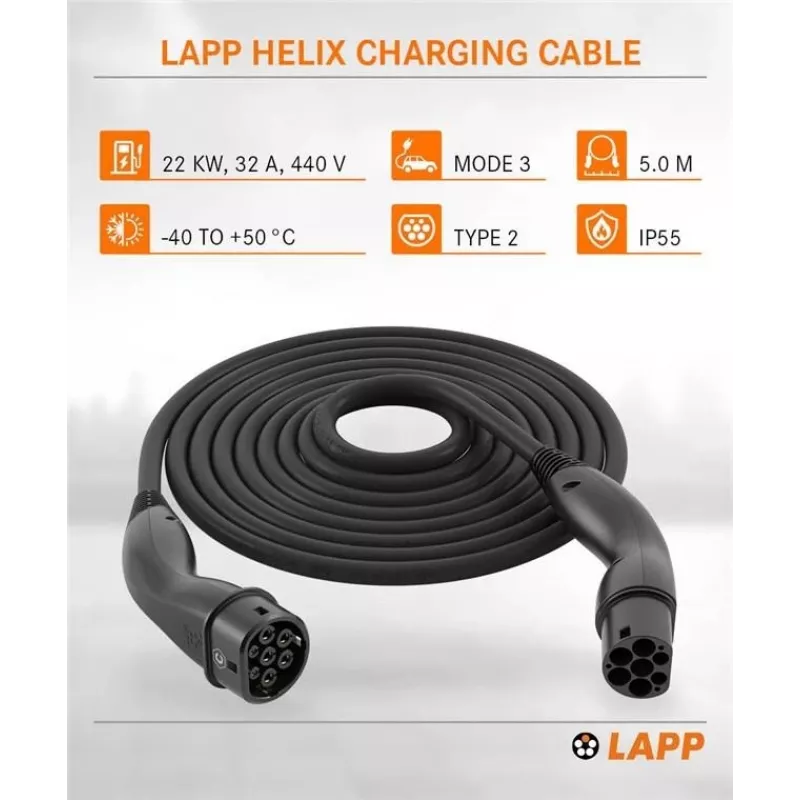 LAPP MOBILITY HELIX® Type 2 EV uzlādes kabelis, 22 kW, 5 m, melns 61795