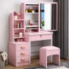 LEAN Cosmetic Dressing Table with Mirror, 4 Drawers, Shelves and Stool, Pink 130x80x36 cm