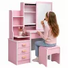 LEAN Cosmetic Dressing Table with Mirror, 4 Drawers, Shelves and Stool, Pink 130x80x36 cm