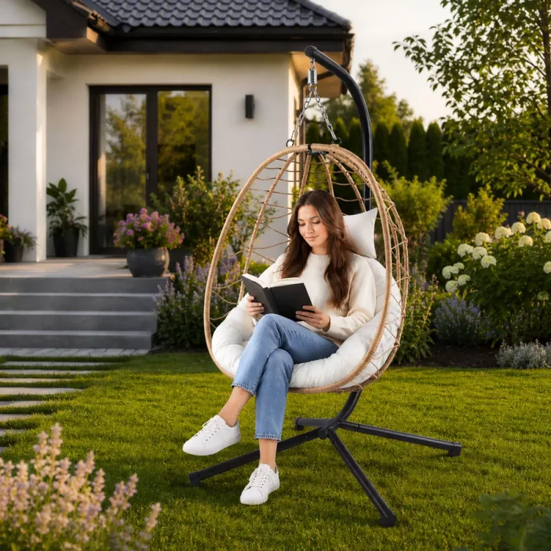 LEAN Hanging Rocking Chair Garden Cocoon Cushions Swing Brown Frame