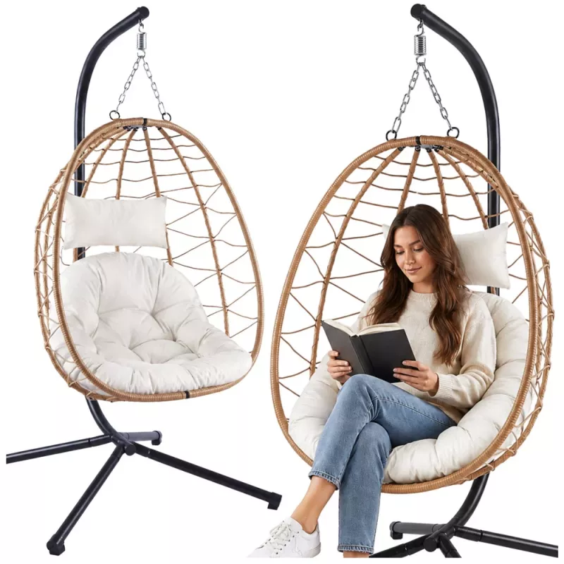 LEAN Hanging Rocking Chair Garden Cocoon Cushions Swing Brown Frame