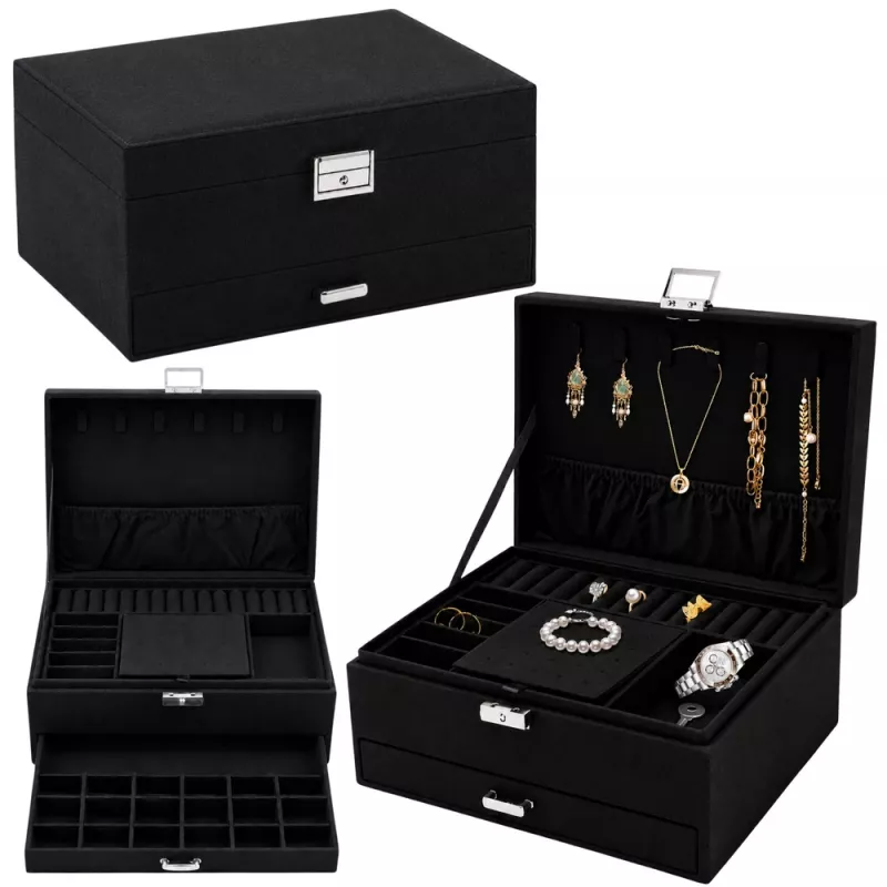 LEAN Jewelry Organizer Box with Drawer and Key, Black Velvet