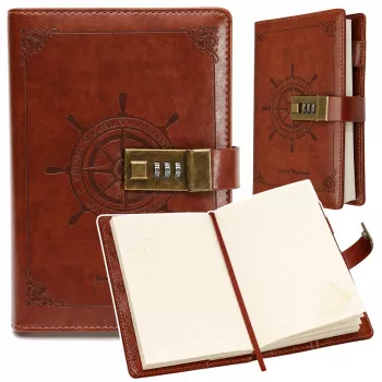 LEAN Notebook Diary Password Notebook Eco Leather Brown With Rudder A5