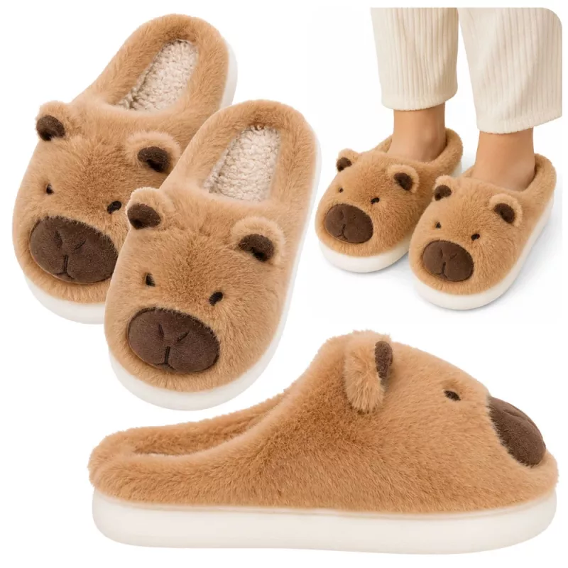 LEAN Plush Capybara Slippers With Ears Warm Soft Beige Size 32-33