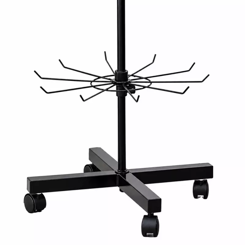 LEAN Rotējošais vitrīnas statīvs 5 līmeņi uz riteņiem melns 40x150cm, 360° griešanās, pulverkrāsots tērauds