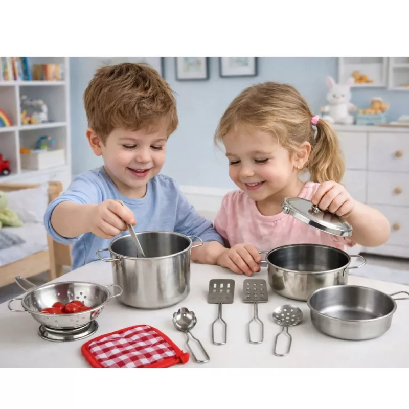 LEAN TOYS 15 daļu rotaļu virtuves trauku komplekts bērniem no 3 gadu vecuma | Katli, pannas, trauki, šķīvji, krūzes, griešanas dēlis un rotaļu ēdiens | Daudzkrāsains ABS plastmasa | Lomu spēles gatavošanas rotaļlieta