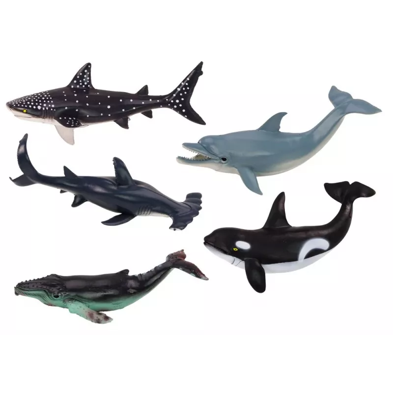 LEAN TOYS 17521 6 jūras dzīvnieku figūriņu komplekts - orka, haizivs, valis, delfīns, bruņurupucis un manta - daudzkrāsains