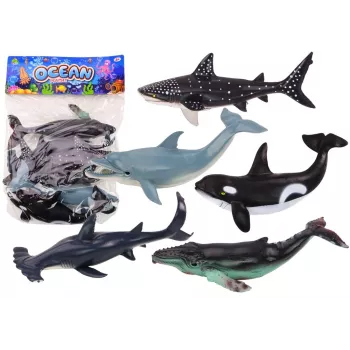 LEAN TOYS 17521 6 jūras dzīvnieku figūriņu komplekts - orka, haizivs, valis, delfīns, bruņurupucis un manta - daudzkrāsains