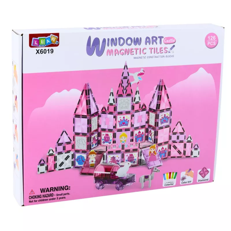 LEAN TOYS 25282 Magnētiskie būvniecības bloki Vitrāžas logs komplekts ar rozā marķieriem, 126 gab., radošā mākslas rotaļlieta