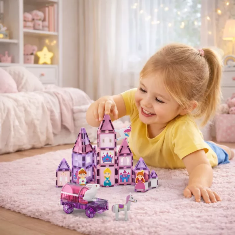 LEAN TOYS 25282 Magnētiskie būvniecības bloki Vitrāžas logs komplekts ar rozā marķieriem, 126 gab., radošā mākslas rotaļlieta
