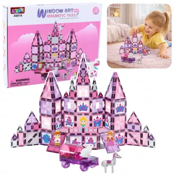 LEAN TOYS 25282 Magnētiskie būvniecības bloki Vitrāžas logs komplekts ar rozā marķieriem, 126 gab., radošā mākslas rotaļlieta