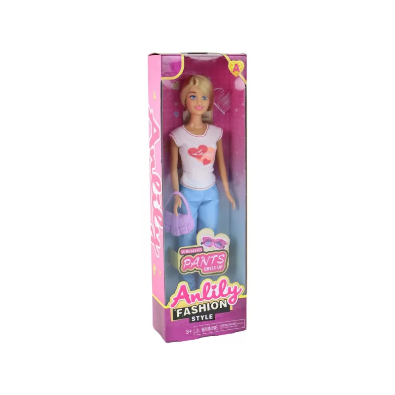 LEAN TOYS Anlily Bērnu lelle ar garām blondiem matiem, rokassomu, brillēm un baltu blūzi