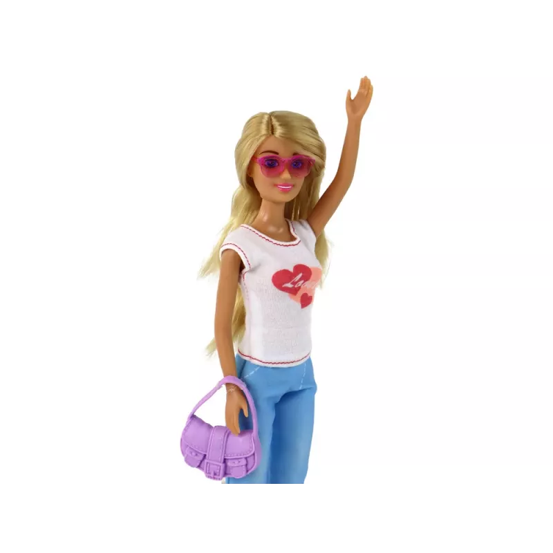 LEAN TOYS Anlily Bērnu lelle ar garām blondiem matiem, rokassomu, brillēm un baltu blūzi