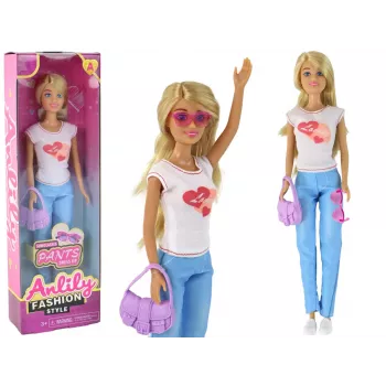 LEAN TOYS Anlily Bērnu lelle ar garām blondiem matiem, rokassomu, brillēm un baltu blūzi