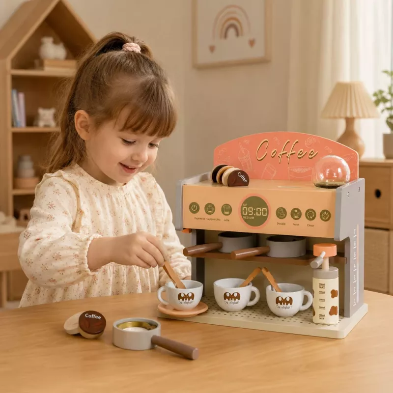 LEAN TOYS Barista komplekts kafijas automāts koka aksesuāri rozā