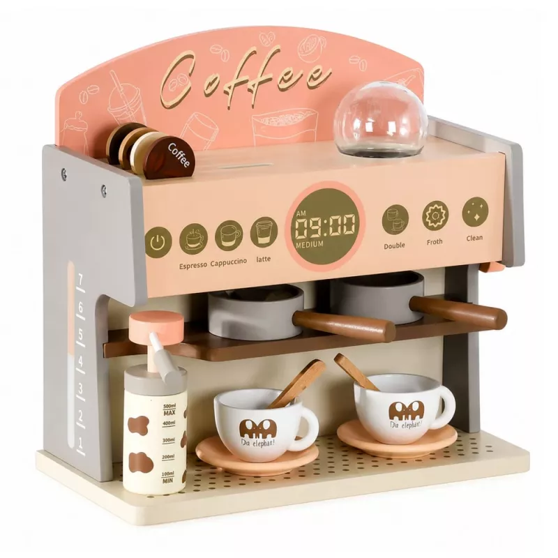 LEAN TOYS Barista komplekts kafijas automāts koka aksesuāri rozā